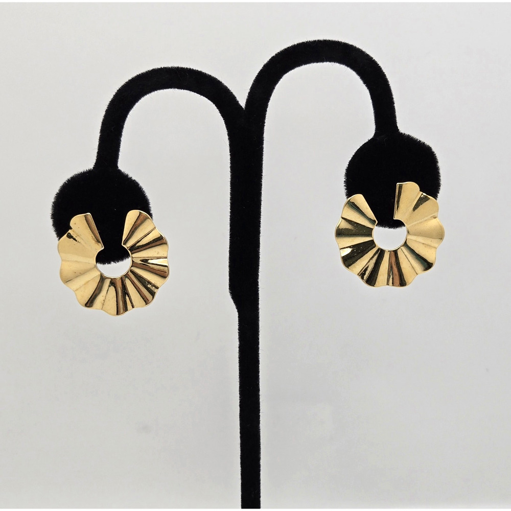 Vintage Hoop Earrings Goldtone Ruffled Shiny Classic Glam Modernist Retro Twee